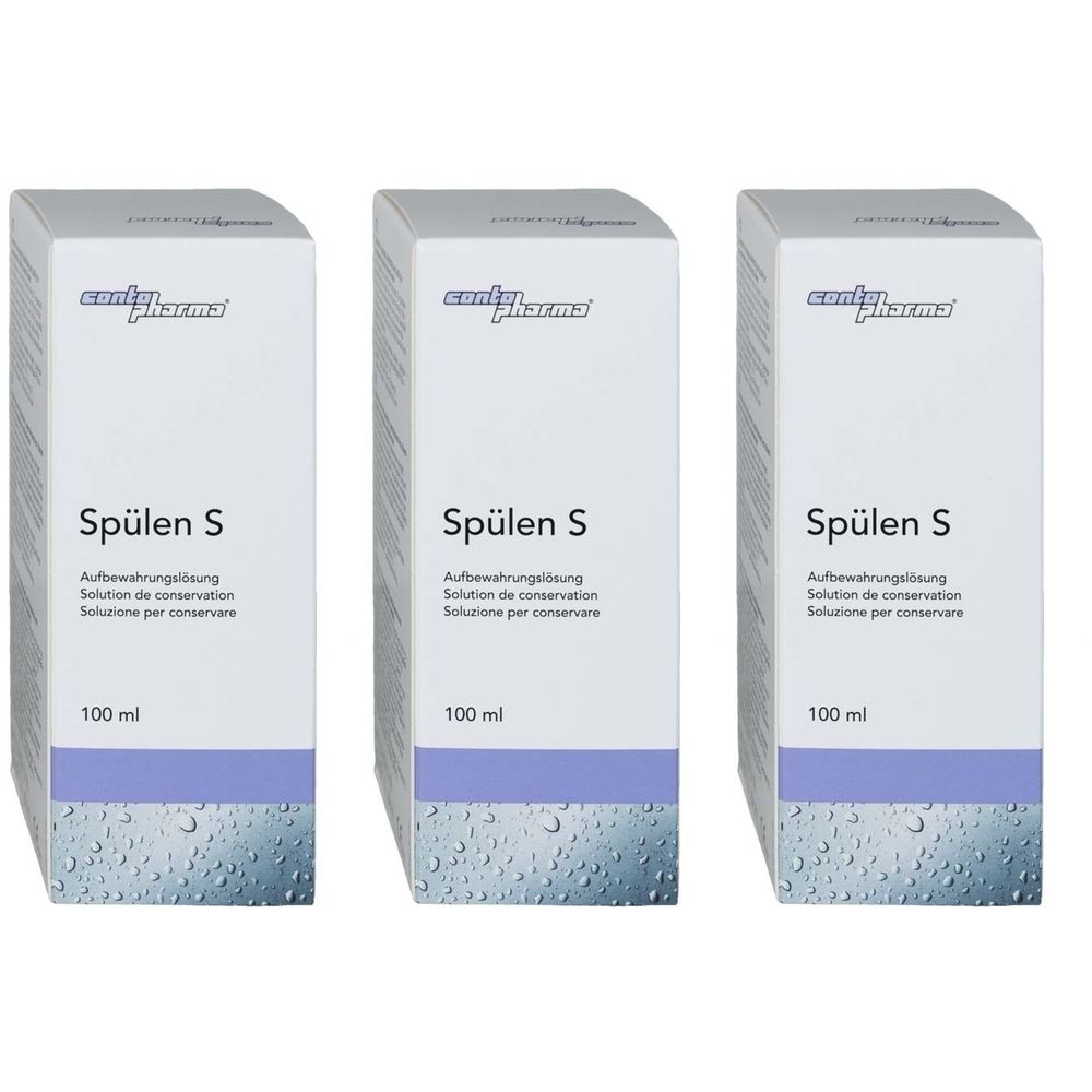 Drei weiße Kartons mit der Aufschrift Spülen S. Darunter Text in Deutsch, Französisch und Italienisch. Unten steht 100 ml.