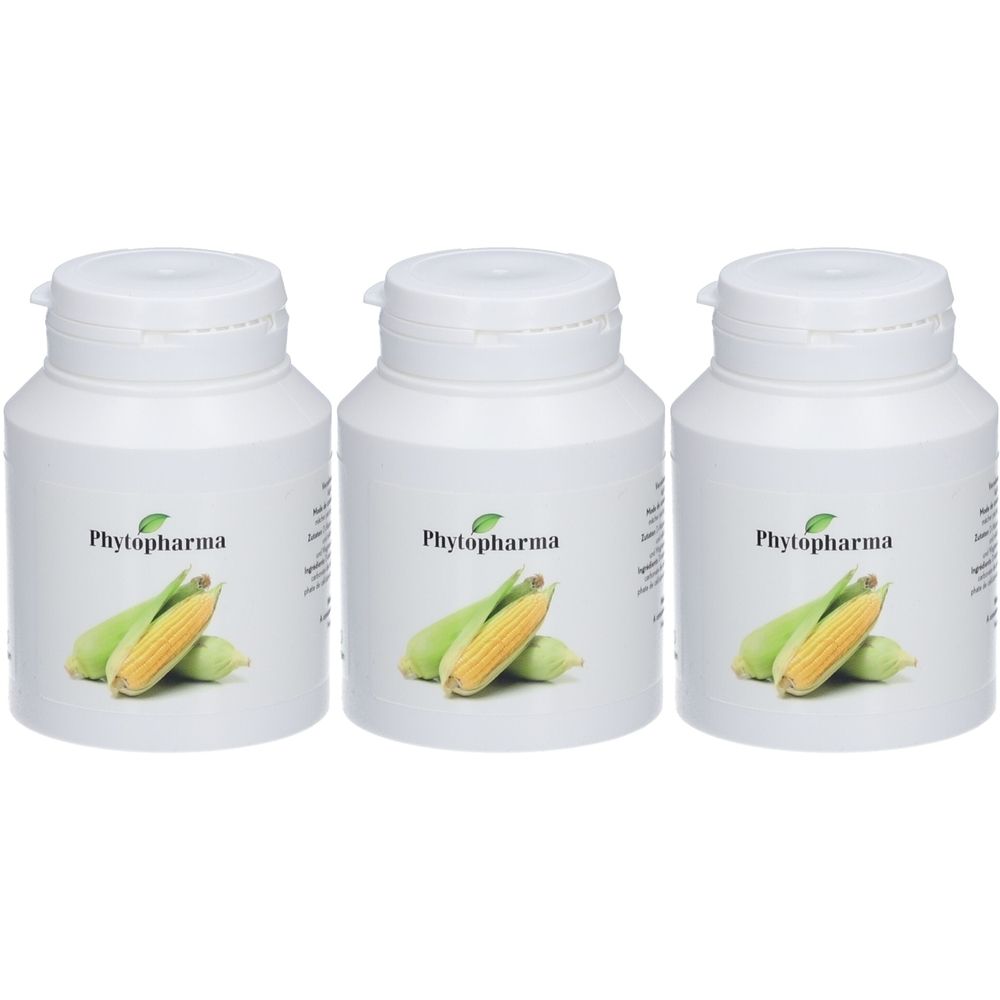 Trois flacons blancs avec couvercles. Chaque flacon porte le logo Phytopharma et une image d'épi de maïs.