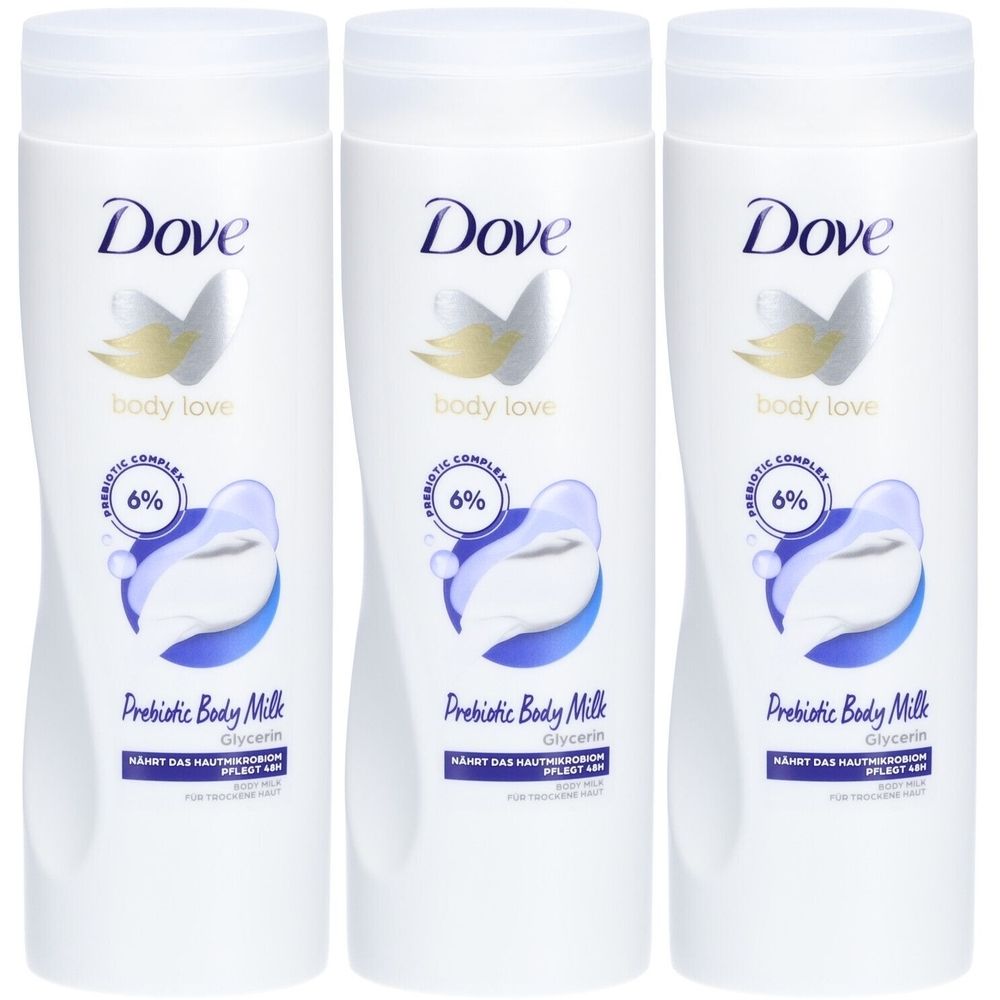 Drei weiße Flaschen Dove Body Love Prebiotic Body Milk. Auf jeder Flasche steht Dove, body love, Prebiotic Body Milk und Glycerin.