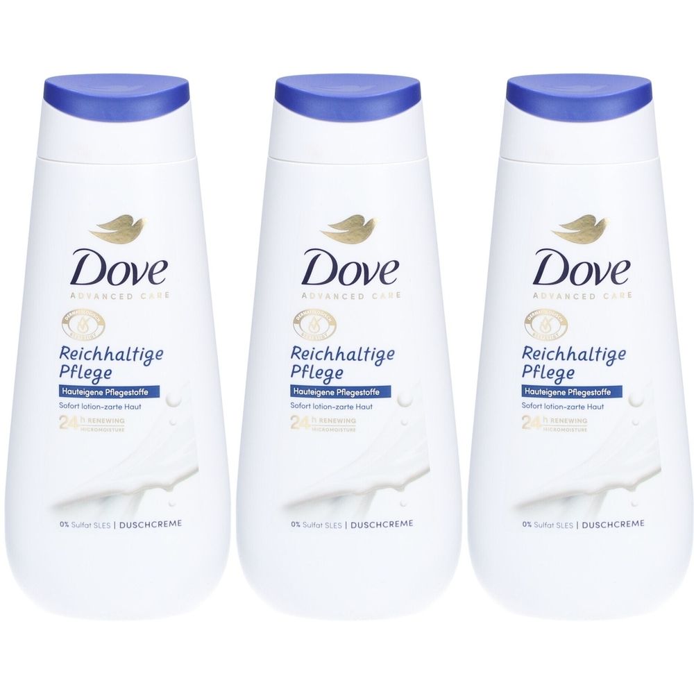 Drei weiße Flaschen Duschcreme mit blauem Deckel. Aufschrift Dove Advanced Care Reichhaltige Pflege.