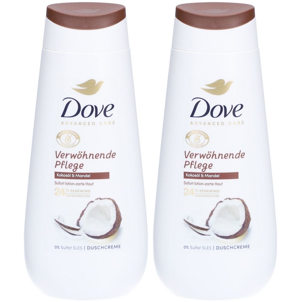Deux flacons blancs de crème de douche Dove avec des bouchons marron. Inscription : Verwöhnende Pflege, Kokosöl & Mandel. Logo : Dove.