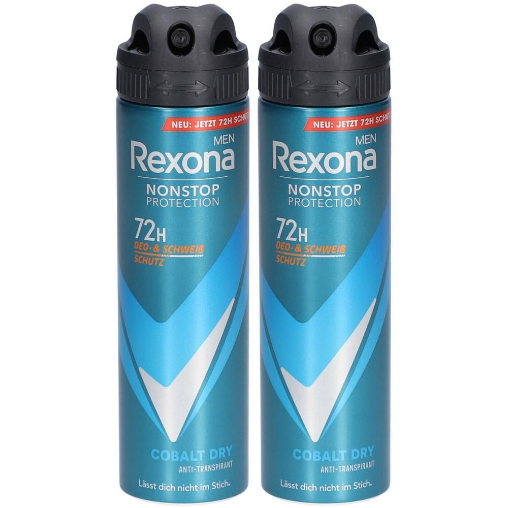 Deux bombes de déodorant Rexona Men. Bleu, avec tête noire. Texte: Nonstop Protection, 72H, Cobalt Dry.