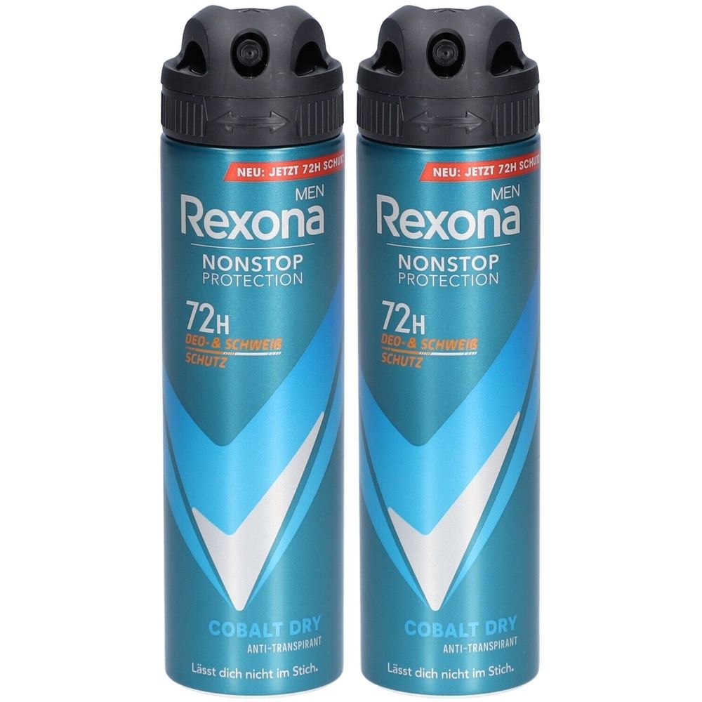 Zwei Deosprays. Blaue Dose mit schwarzem Deckel. Aufschrift: Rexona Men Nonstop Protection 72H. Cobalt Dry.
