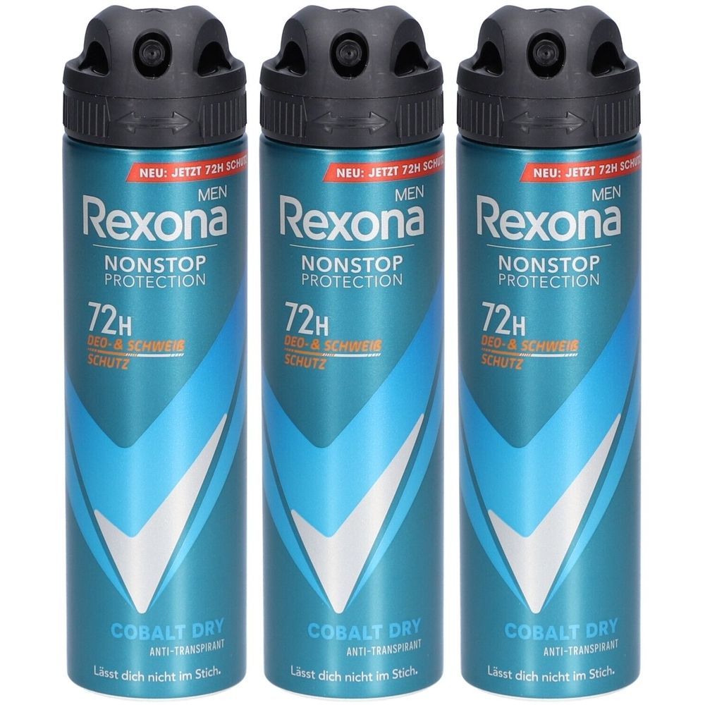 Drei blaue Deosprays mit schwarzem Deckel. Aufschrift: Rexona Men Nonstop Protection 72H. Produktname: Cobalt Dry.