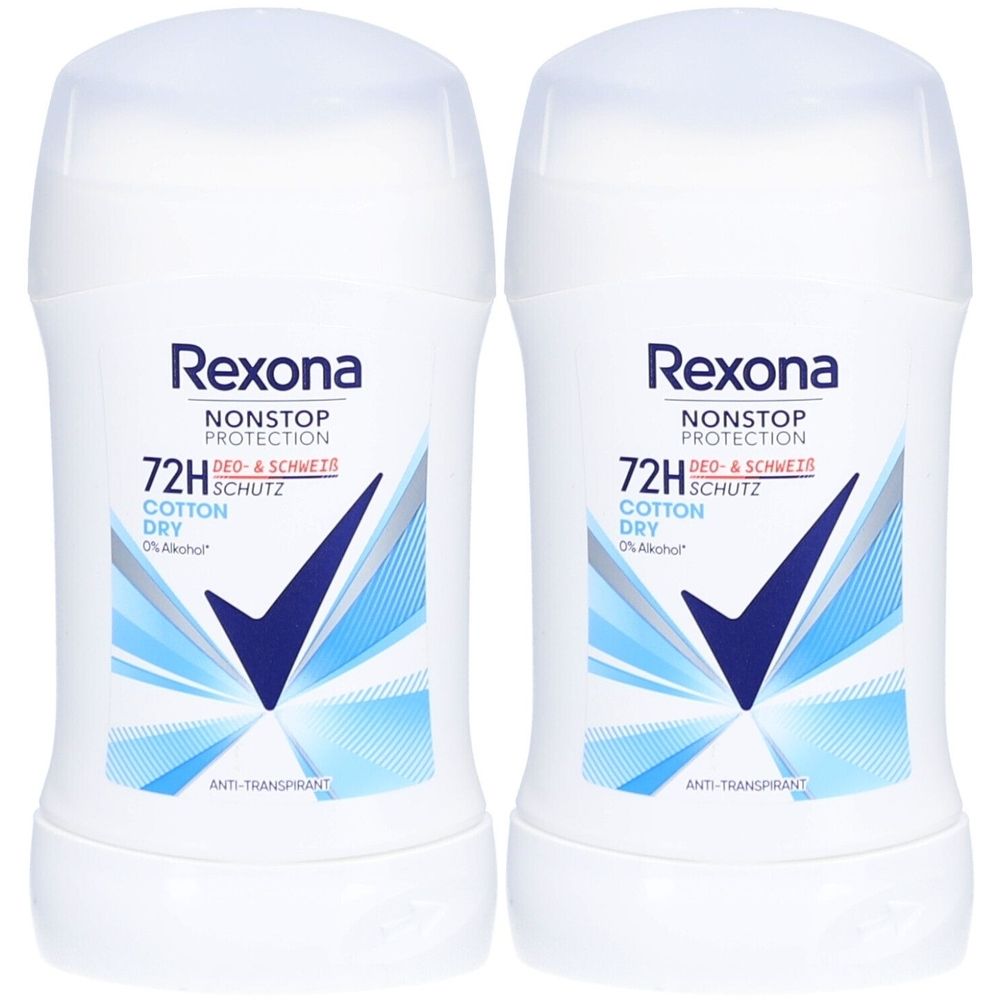 Zwei weiße Deosticks mit blauen und weißen Grafiken. Aufschrift: Rexona, Nonstop Protection, 72H, Cotton Dry, Anti-Transpirant.