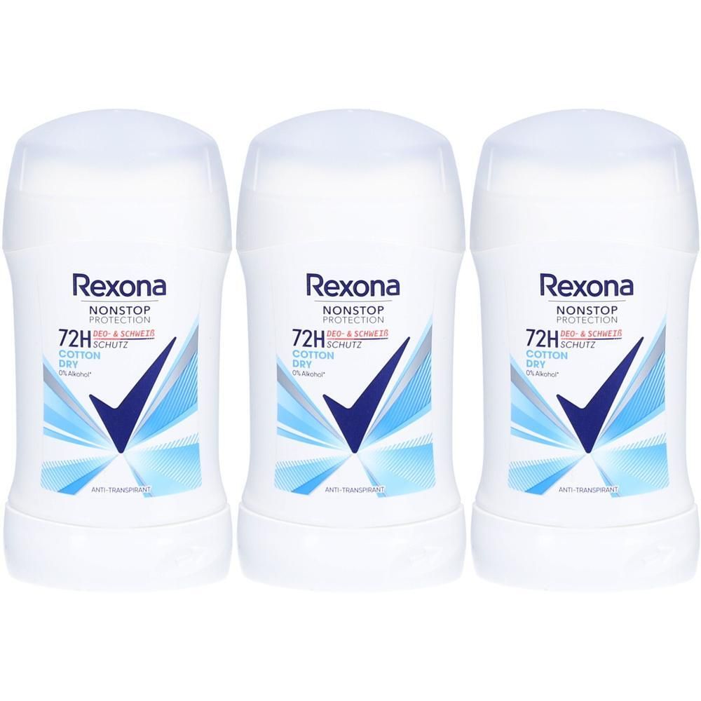 Trois sticks déodorants blancs avec graphisme bleu et texte. Visible : Rexona, Nonstop Protection, 72H Schutz, Cotton Dry.