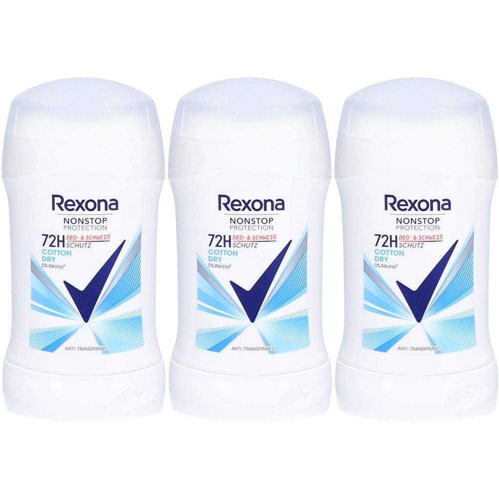 Drei weiße Deosticks mit blauen und schwarzen Akzenten. Aufschrift: Rexona Nonstop Protection, 72H, Cotton Dry.