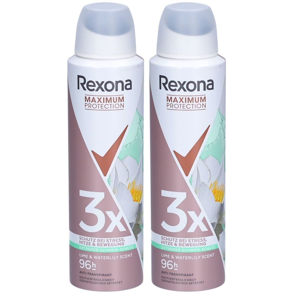 Deux sprays Rexona. Boîte blanche et violette avec tête de pulvérisation. Inscription : Rexona, Maximum Protection, 3x, Lime & Waterlily Scent, 96h.