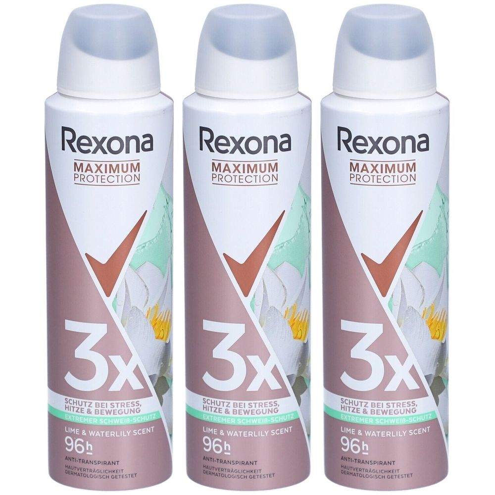 Trois sprays déodorants avec tête blanche et étiquette marron-rose. Inscription : Rexona, Maximum Protection, 3x, Lime & Waterlily Scent, 96h.
