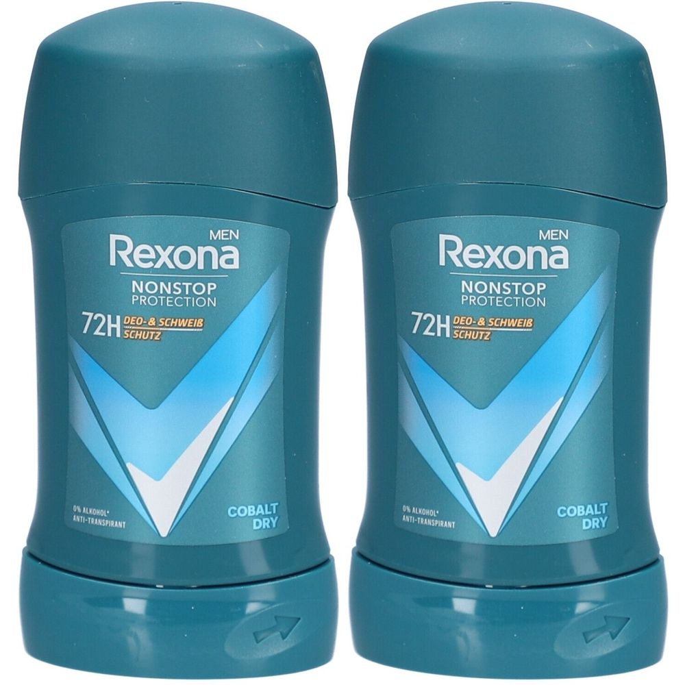 Zwei blaue Deosticks. Aufschrift: Rexona Men, Nonstop Protection, 72H, Cobalt Dry. Anti-Transpirant.