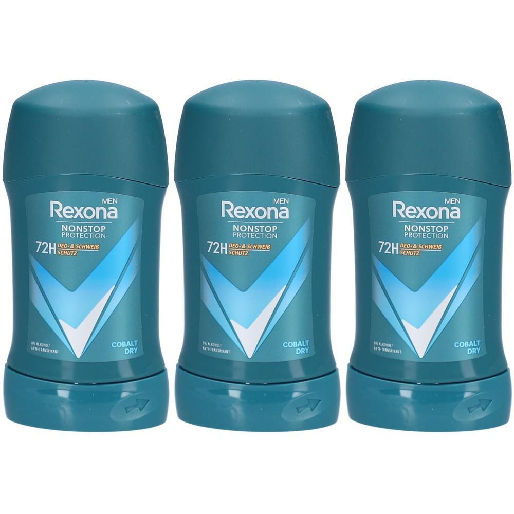 Trois déodorants bleus. Inscription: Rexona Men, Nonstop Protection, 72H, Cobalt Dry.