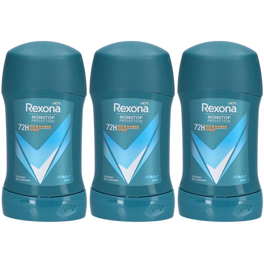 Drei blaue Deosticks. Aufschrift: Rexona Men, Nonstop Protection, 72H, Cobalt Dry. Weißes V-Design.