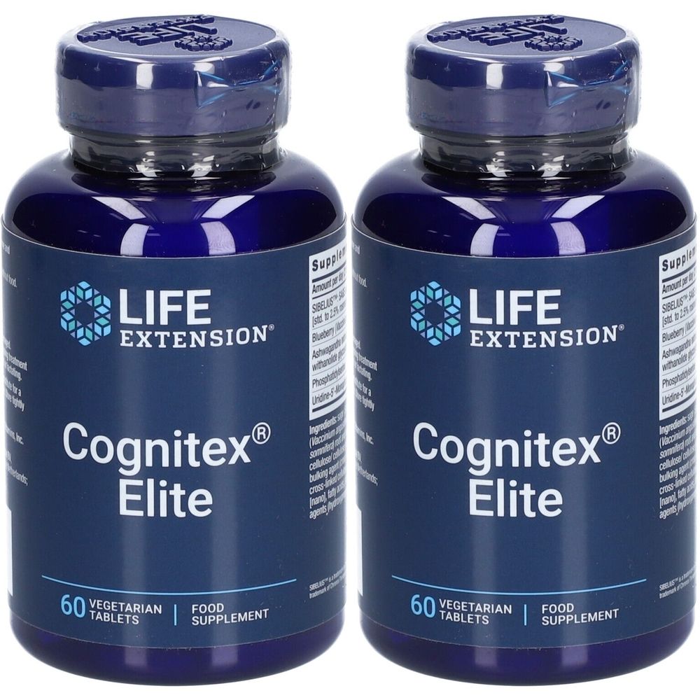 Zwei blaue Flaschen mit dem Produkt Cognitex Elite. Auf jeder Flasche steht "LIFE EXTENSION" und "60 VEGETARIAN TABLETS".