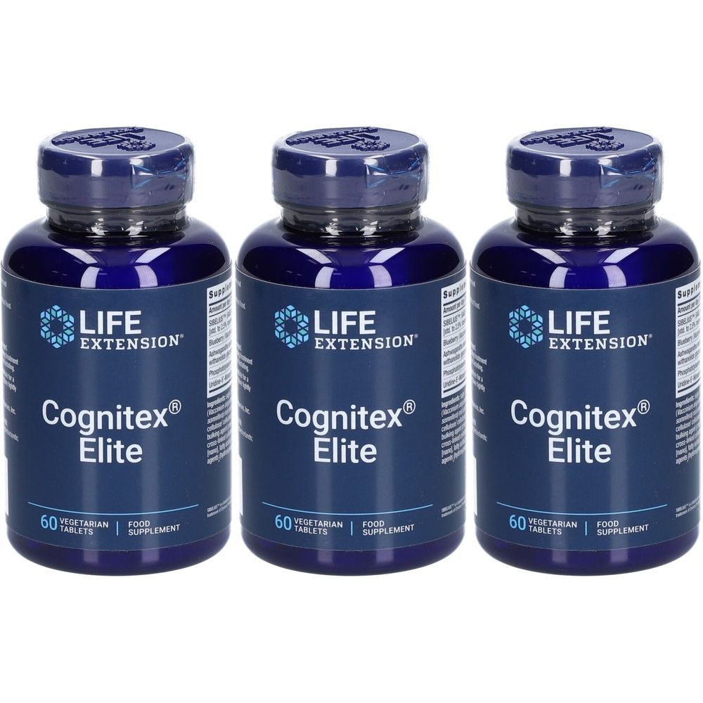 Drei blaue Flaschen mit "Cognitex Elite"-Tabletten. Auf jeder Flasche steht "Life Extension" und "60 Tabletten".