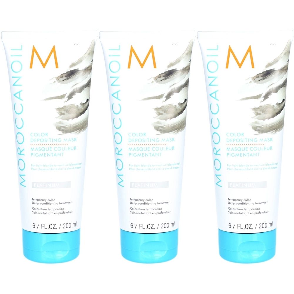 Drei Tuben Moroccanoil Color Depositing Mask. Weiß, mit türkisfarbenem Deckel. Aufschrift: Color Depositing Mask, 6.7 FL.OZ./200 ml.