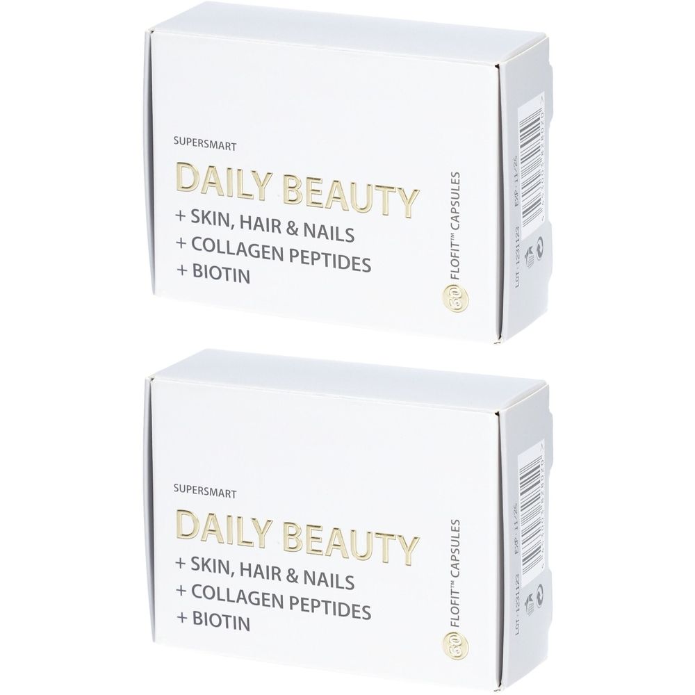 Zwei weiße Kartons mit goldfarbenem Text. Aufschrift: Daily Beauty, Skin, Hair & Nails, Collagen Peptides, Biotin. Marke: Supersmart.