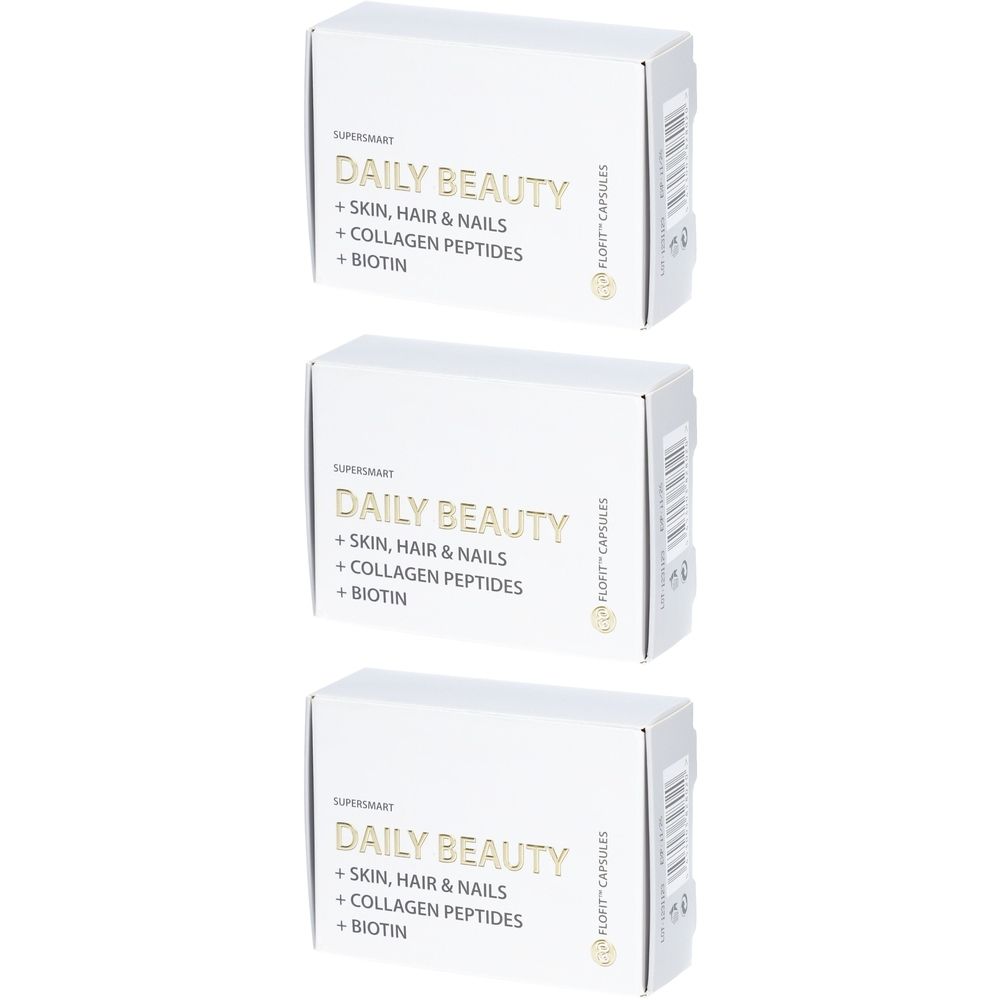 Drei weiße Schachteln mit der Aufschrift "DAILY BEAUTY + SKIN, HAIR & NAILS + COLLAGEN PEPTIDES + BIOTIN".