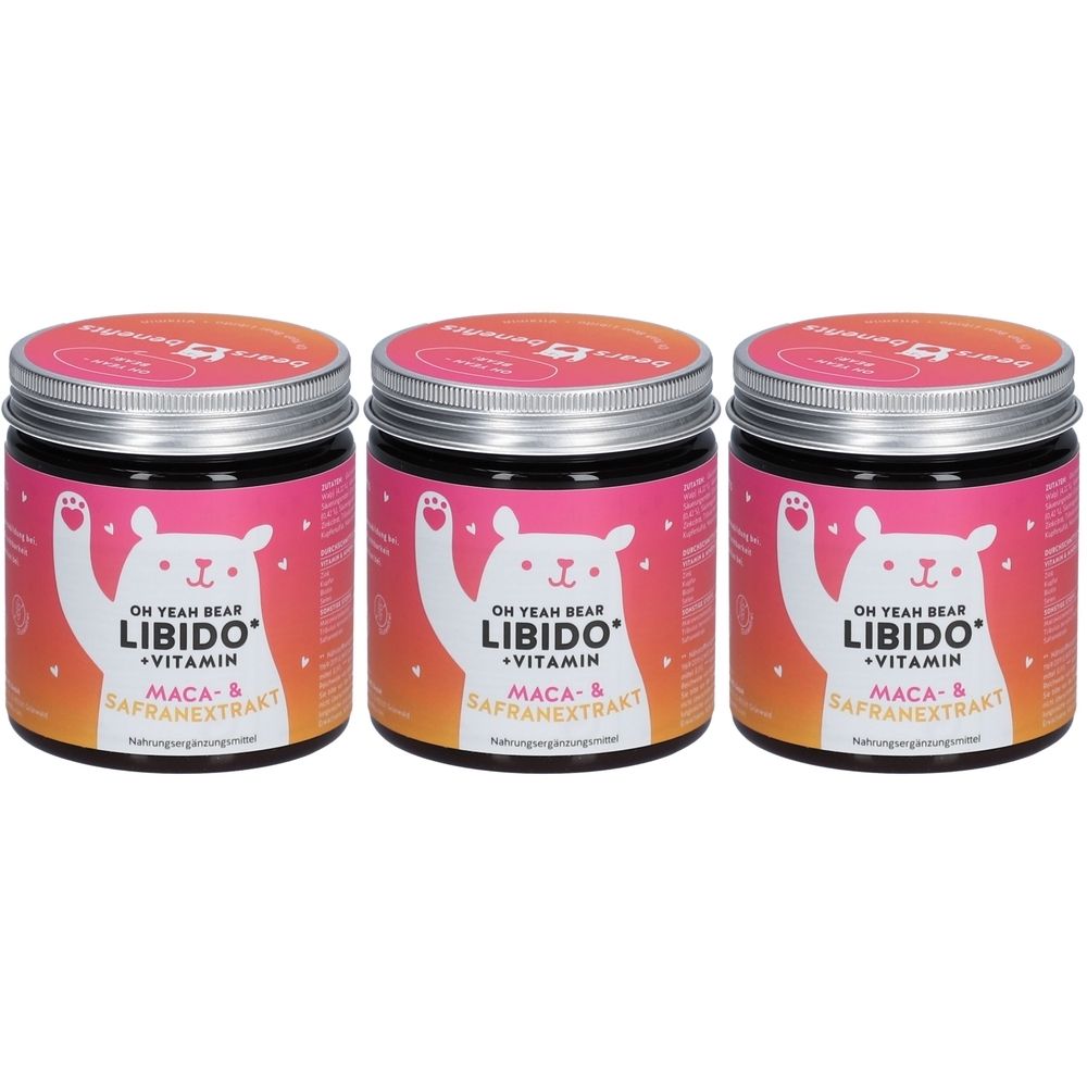 Drei Gläser mit Deckel. Aufdruck: Oh Yeah Bear Libido + Vitamin, Maca & Safranextrakt. Rosa Etikett mit Bär-Illustration.
