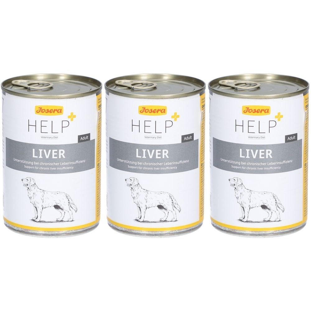 Drei Dosen Nassfutter für Hunde. Aufschrift: Josera HELP LIVER. Mit Abbildung eines Hundes. Dose mit Deckel zum Öffnen.