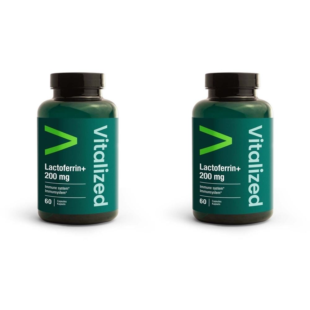 Zwei grüne Flaschen mit schwarzem Deckel. Auf jeder Flasche steht "Vitalized Lactoferrin+ 200 mg".
