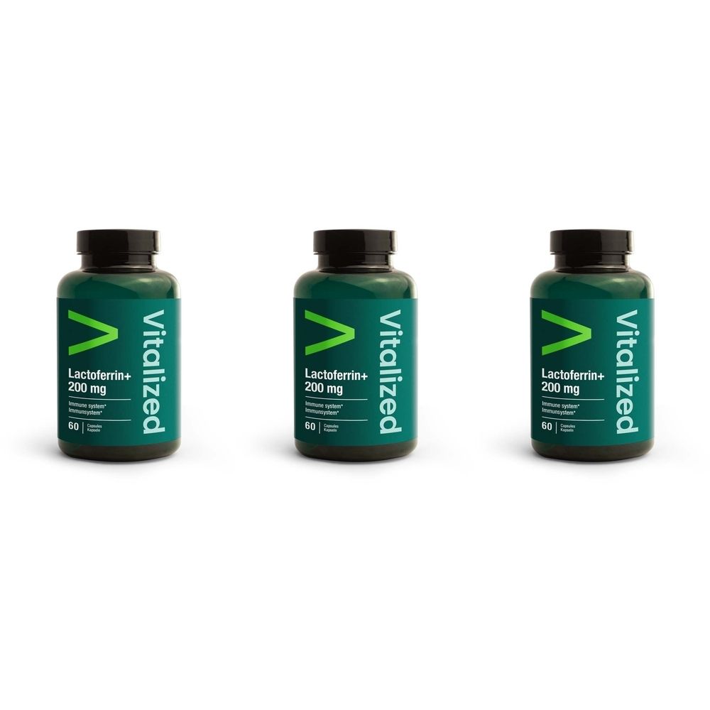 Drei grüne Flaschen mit schwarzem Deckel. Auf jeder Flasche steht "Vitalized Lactoferrin+ 200 mg".