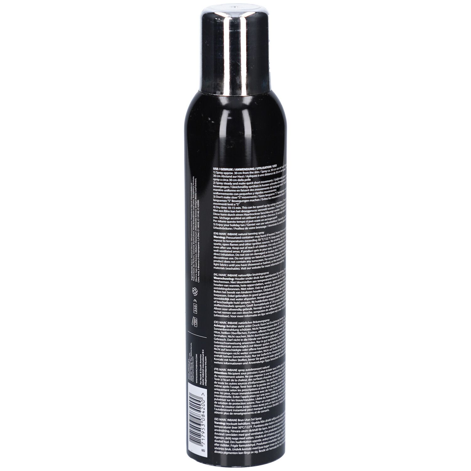 Schwarze Sprühflasche mit silbernem Deckel. Text auf der Seite. Etikett mit Text in mehreren Sprachen und Barcode.