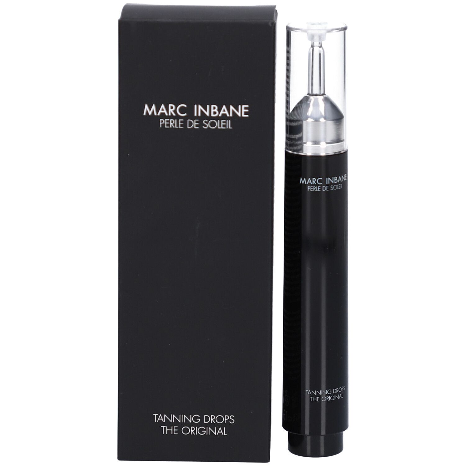 Boîte et flacon noirs. Sur la boîte: Marc Inbane, Perle de Soleil. Flacon avec applicateur.