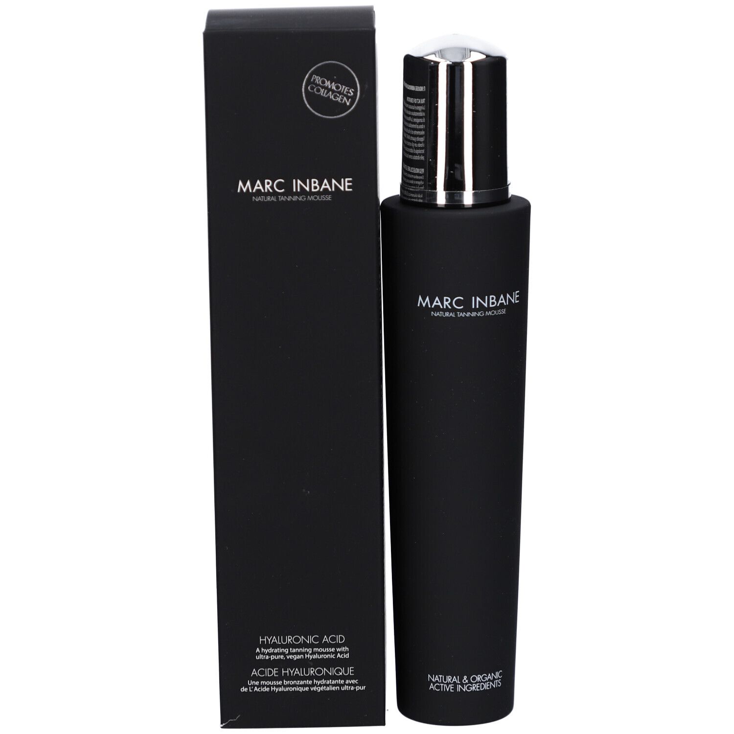 Schwarze Flasche mit silbernem Deckel und schwarzer Verpackung. Aufschrift: MARC INBANE NATURAL TANNING MOUSSE.