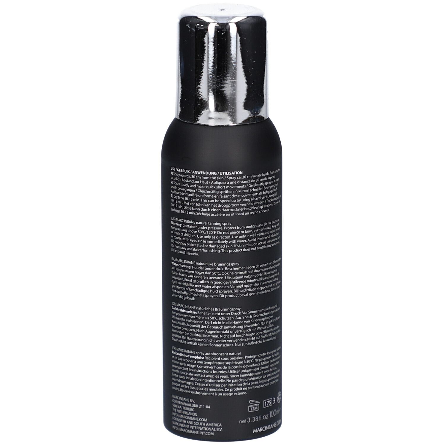 Flacon de spray noir avec bouchon argenté. Texte sur le flacon. MARC INBANE. Hyaluronic Tanning Spray.