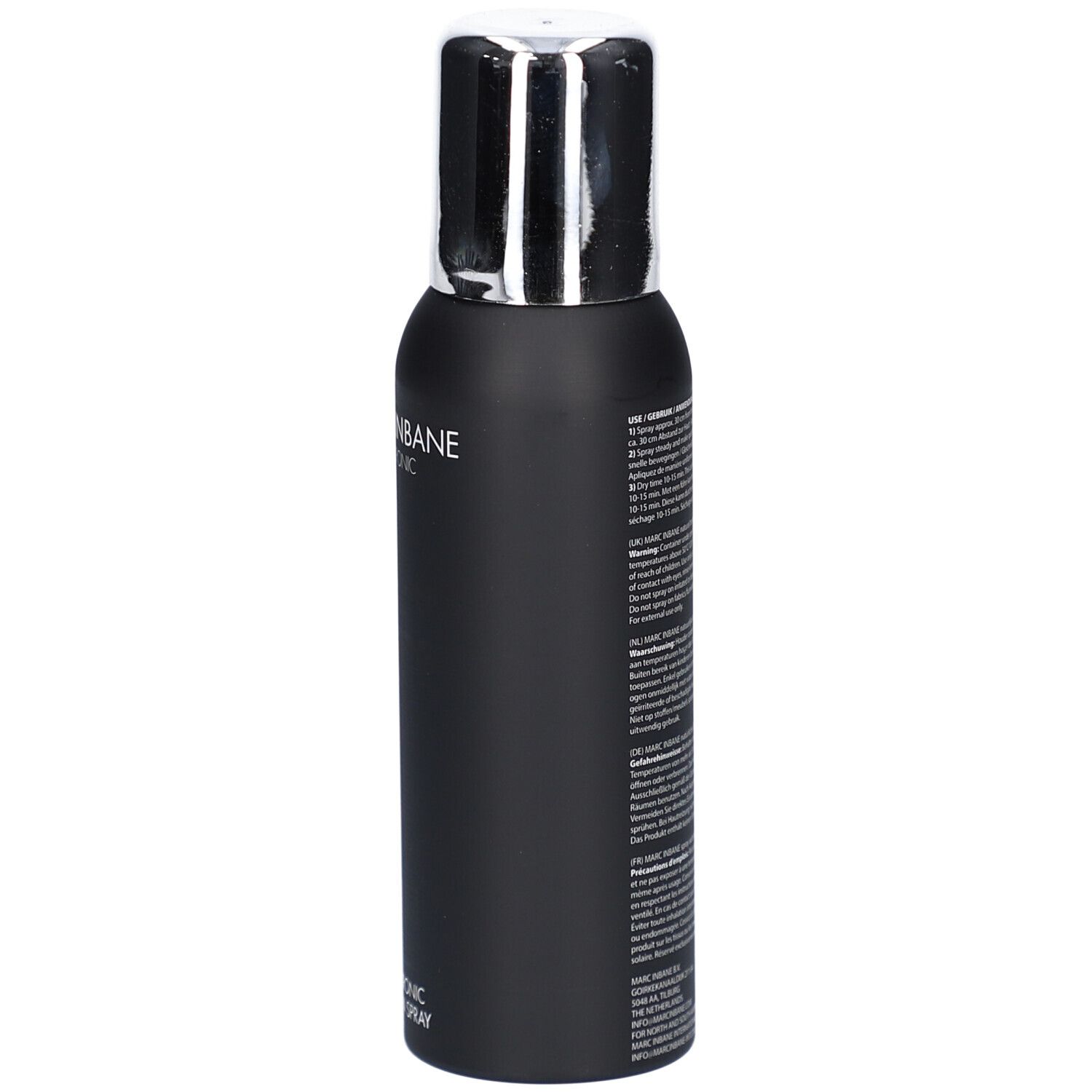 Flacon de spray noir avec bouchon argenté. Texte sur le flacon. MARC INBANE. Hyaluronic Tanning Spray.