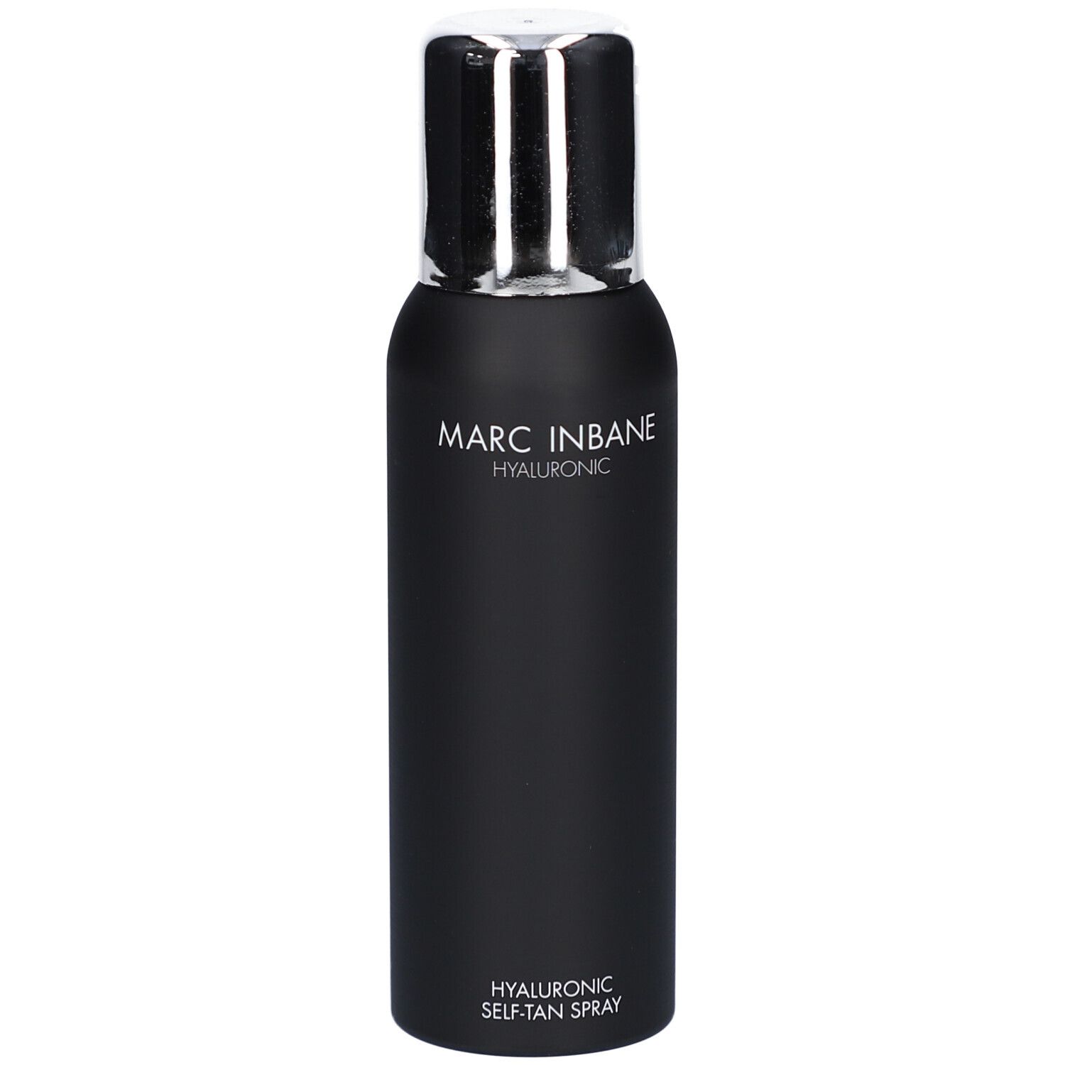 Flacon de spray noir avec bouchon argenté. MARC INBANE. Hyaluronic. Hyaluronic Self-Tan Spray.