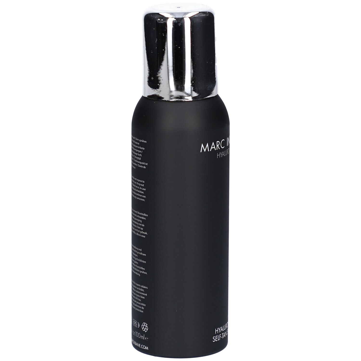 Flacon de spray noir avec bouchon argenté. Texte sur le flacon. MARC INBANE. Hyaluronic Tanning Spray.