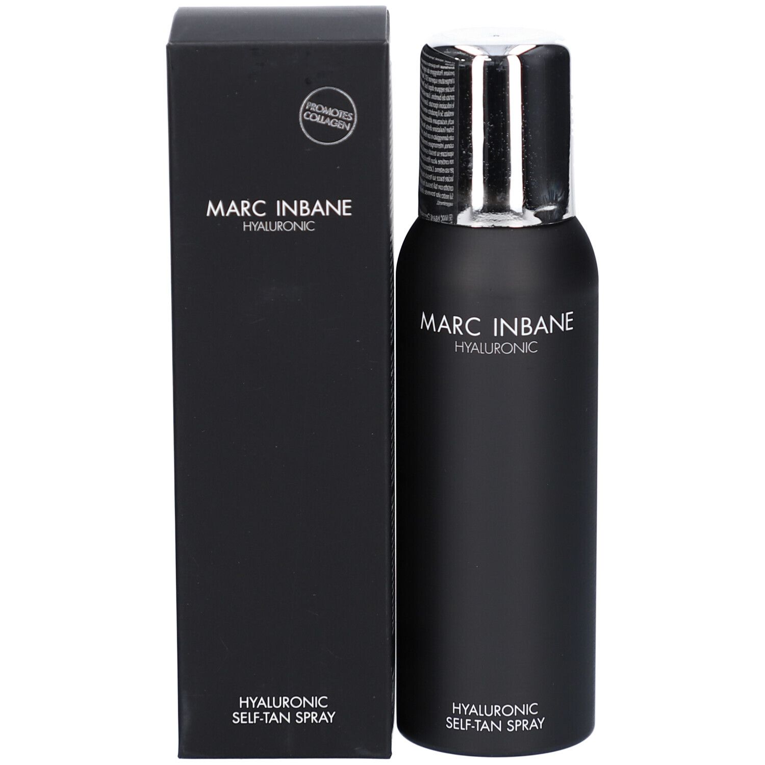 Flacon et boîte noirs. MARC INBANE. Hyaluronic. Hyaluronic Self-Tan Spray. Favorise le collagène.