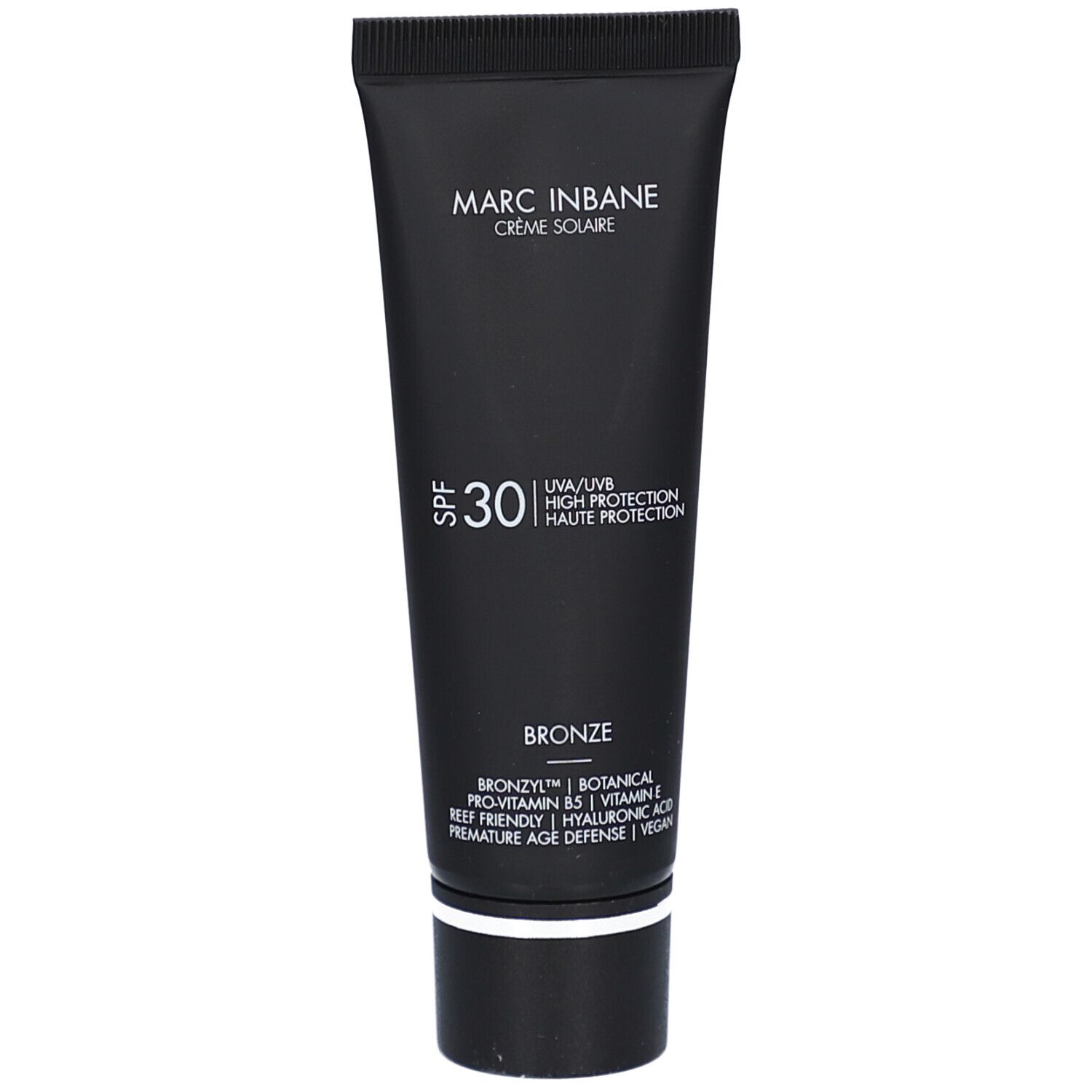 Schwarze Tube mit Sonnencreme. Aufschrift: Marc Inbane Crème Solaire, SPF 30, Bronze. Enthält Inhaltsstoffe wie Vitamin E.