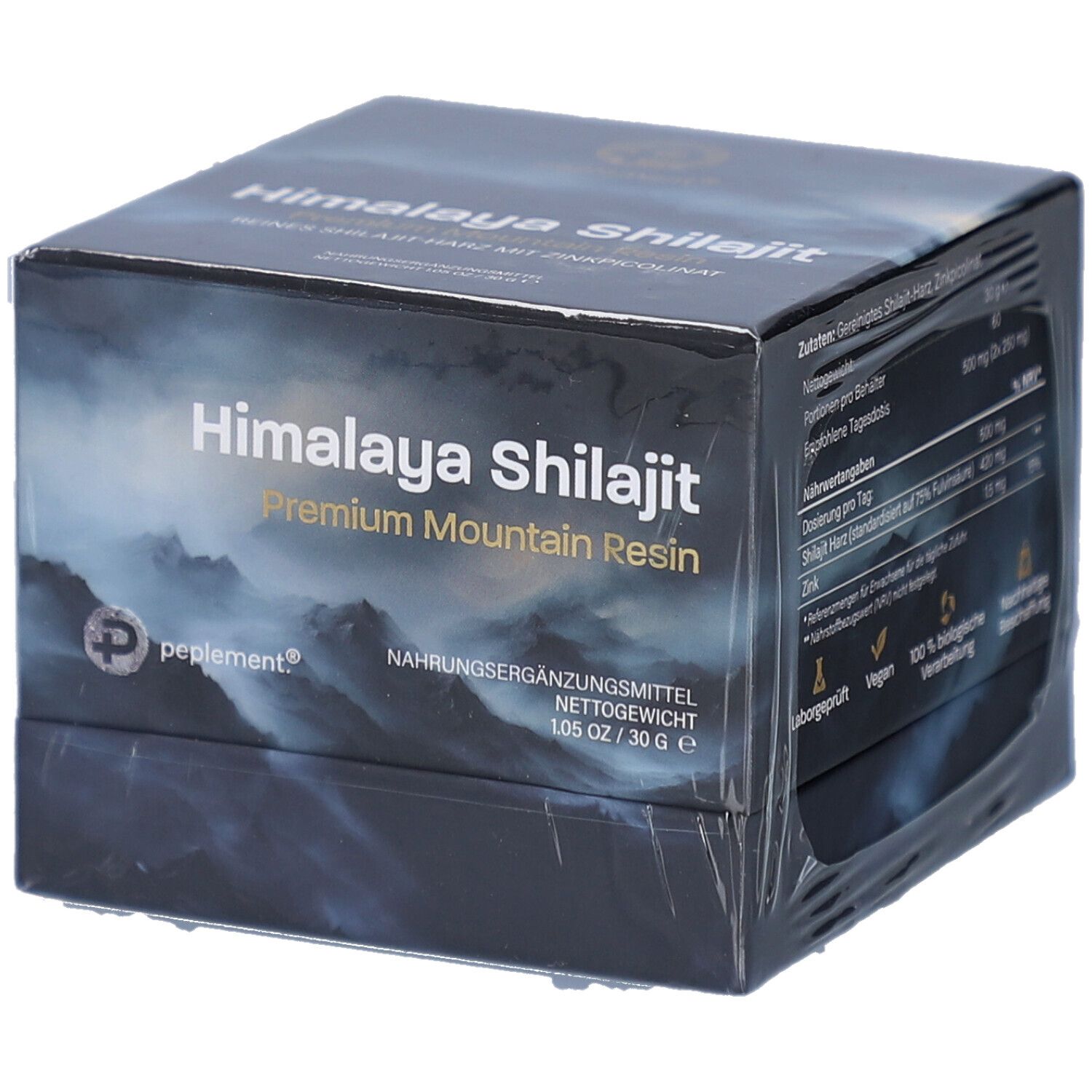 Schwarze Schachtel mit Himalaya Shilajit. Premium Mountain Resin. Nahrungsergänzungsmittel. Verpackt in Folie.