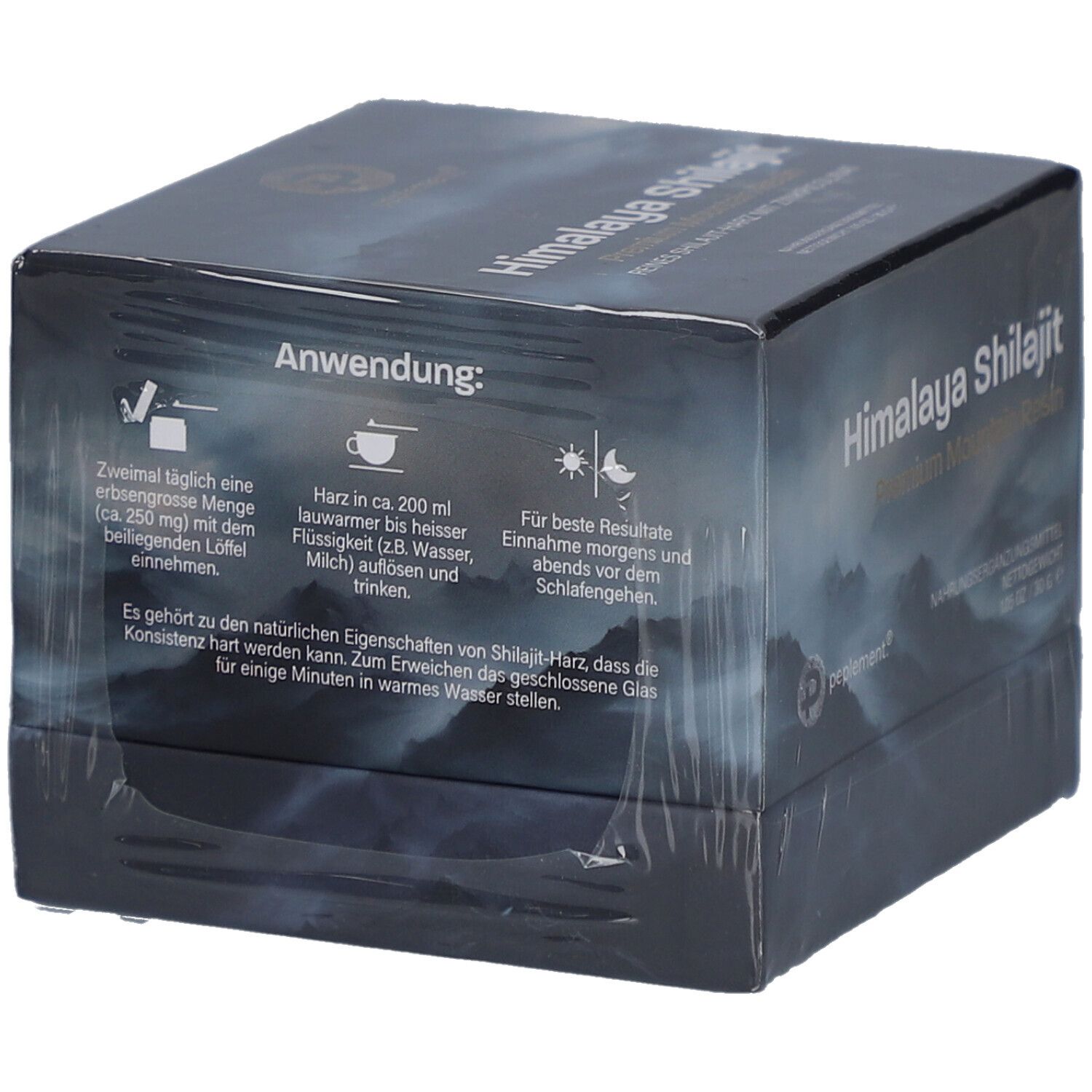 Rückseite der Schachtel mit Anwendungs- und Anwendungshinweisen. Text in Deutsch. Verpackt in Folie.