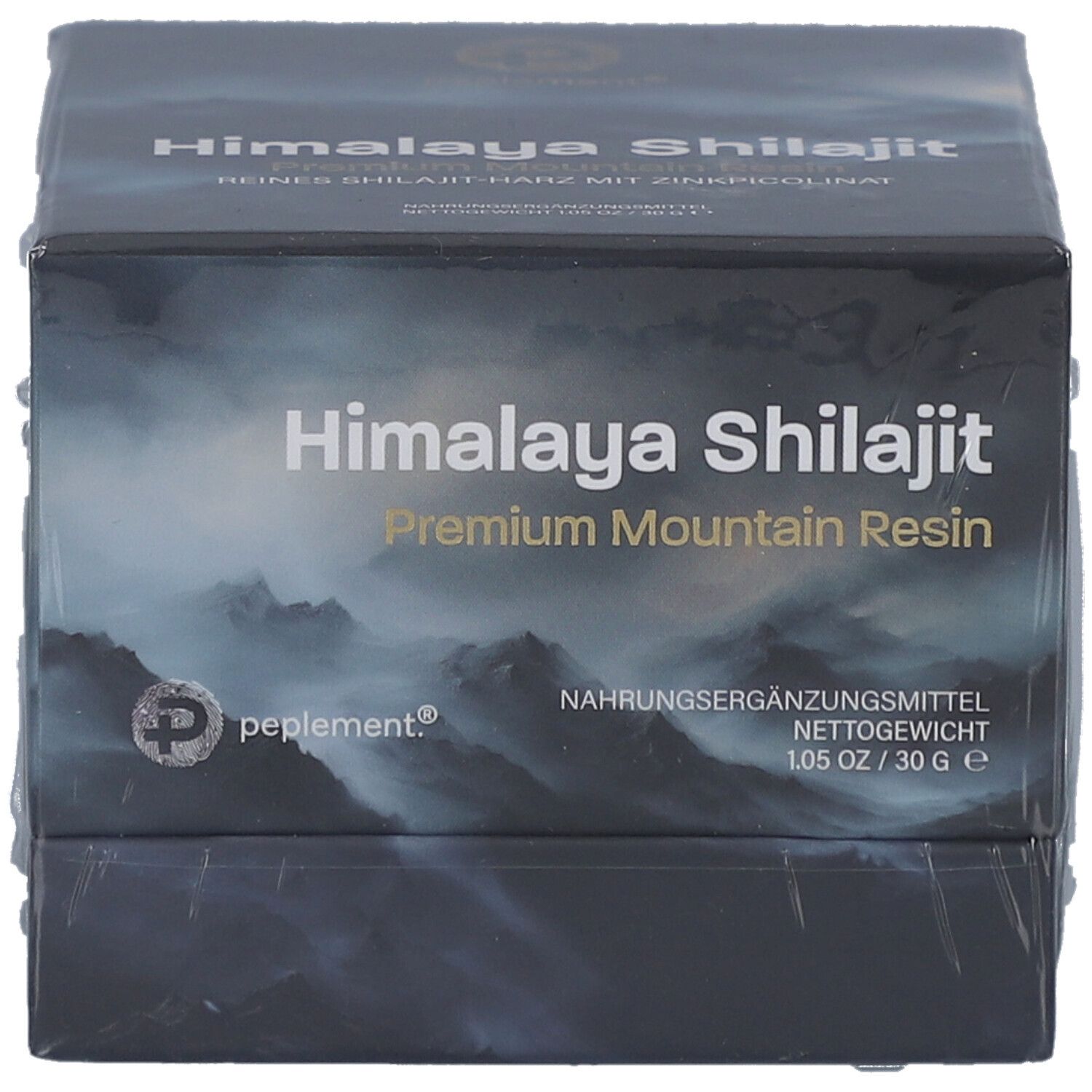 Schwarze Schachtel mit Himalaya Shilajit. Premium Mountain Resin. Nahrungsergänzungsmittel. Verpackt in Folie.