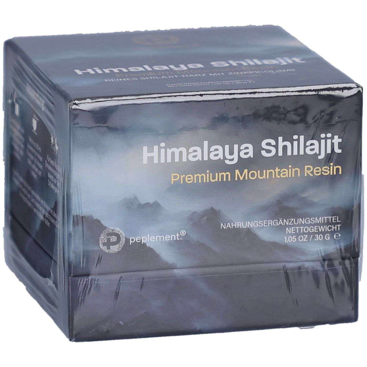 Schwarze Schachtel mit Himalaya Shilajit. Premium Mountain Resin. Nahrungsergänzungsmittel. Verpackt in Folie.