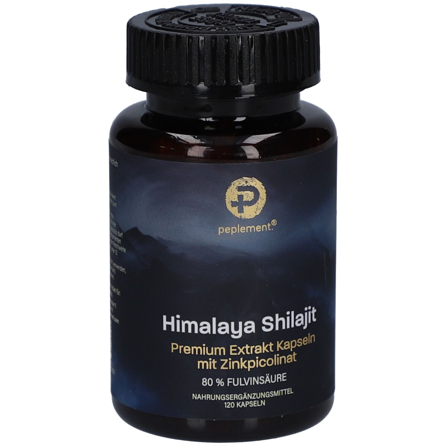 Braune Flasche mit schwarzem Deckel. Aufschrift: Himalaya Shilajit, Premium Extrakt Kapseln mit Zinkpicolinat. 120 Kapseln.