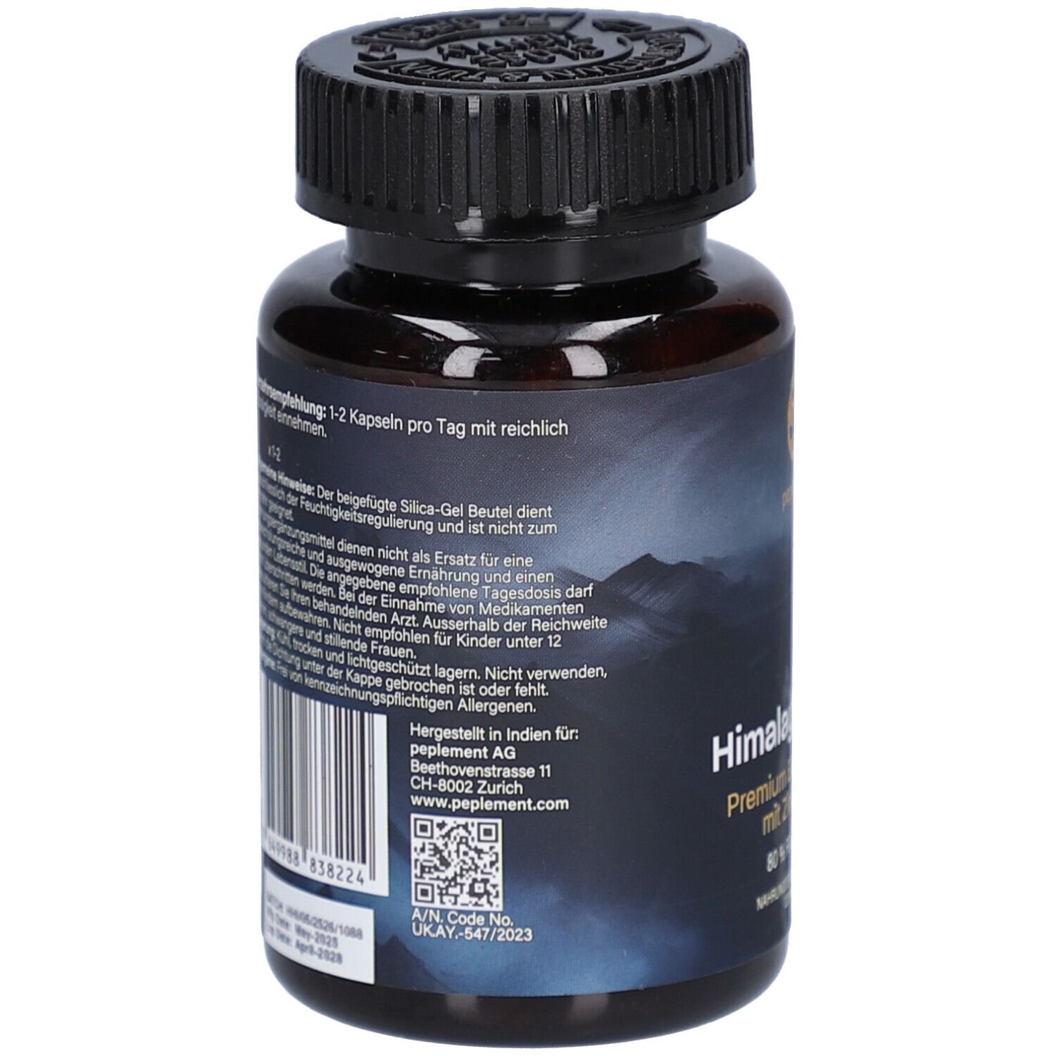 Rückseite der Flasche. Text: Verzehrempfehlung, Inhaltsstoffe, Herstelleradresse, Barcode und QR-Code.