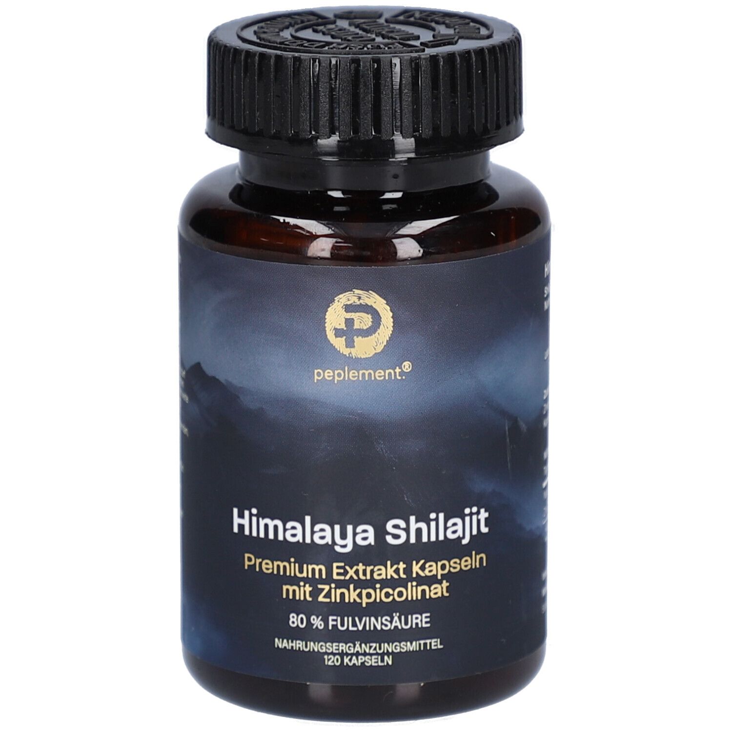 Braune Flasche mit schwarzem Deckel. Aufschrift: Himalaya Shilajit, Premium Extrakt Kapseln mit Zinkpicolinat. 120 Kapseln.
