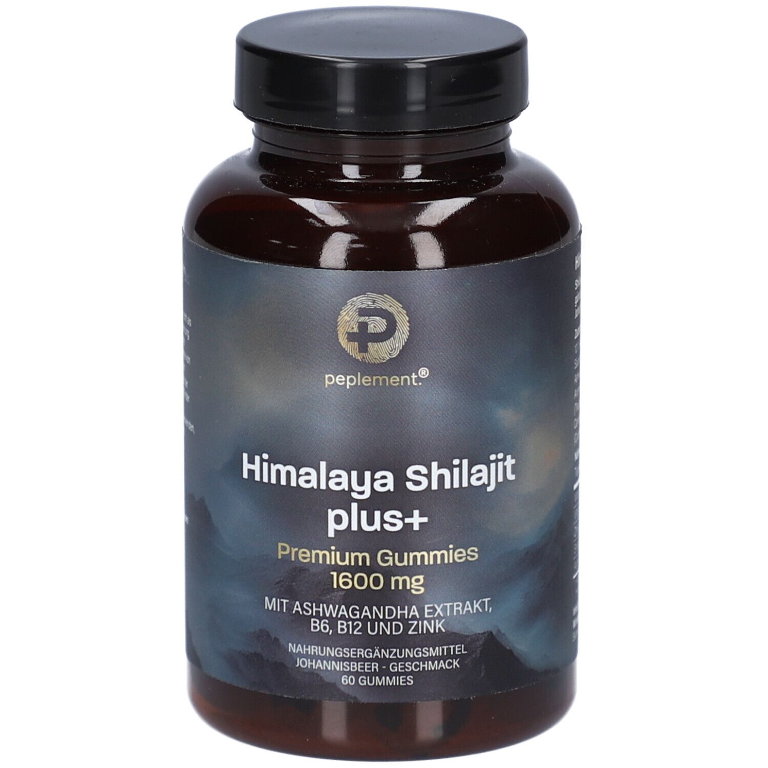 Braune Flasche mit schwarzem Deckel. Aufschrift: Himalaya Shilajit plus+ Gummies 1600 mg. 60 Gummies. Marke: peplement.