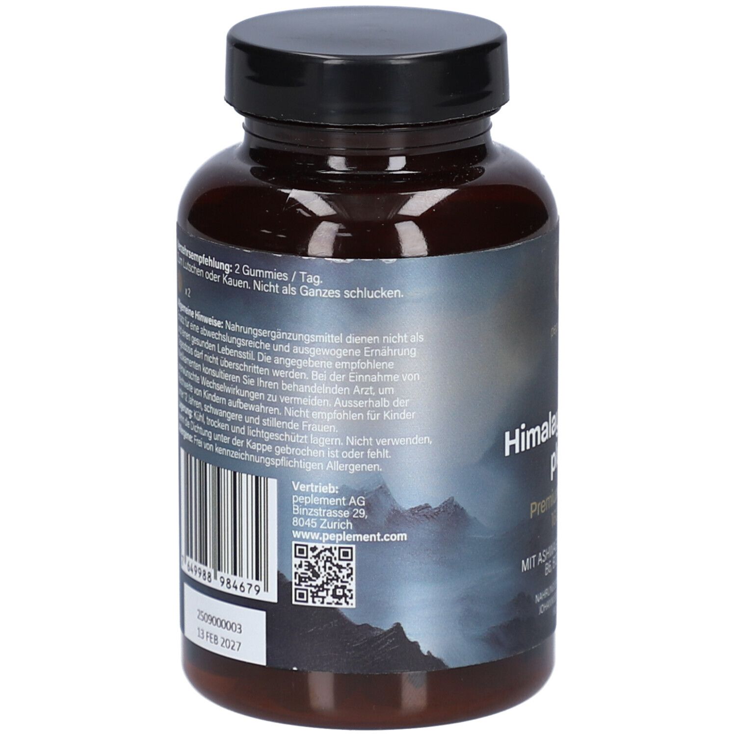 Rückseite der braunen Flasche mit schwarzem Deckel. Text: Himalaya Shilajit plus+. QR-Code und Barcode. Marke: peplement.