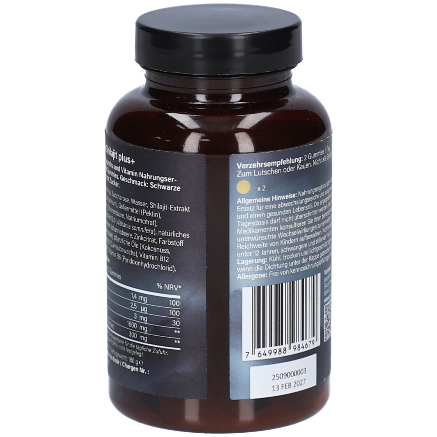 Rückseite der braunen Flasche mit schwarzem Deckel. Text: Himalaya Shilajit plus+. Nährwertangaben. Marke: peplement.