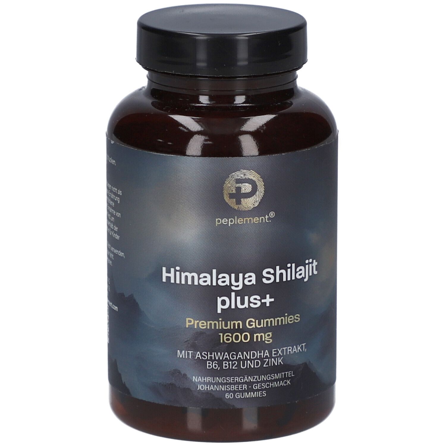 Braune Flasche mit schwarzem Deckel. Aufschrift: Himalaya Shilajit plus+ Gummies 1600 mg. Marke: peplement.