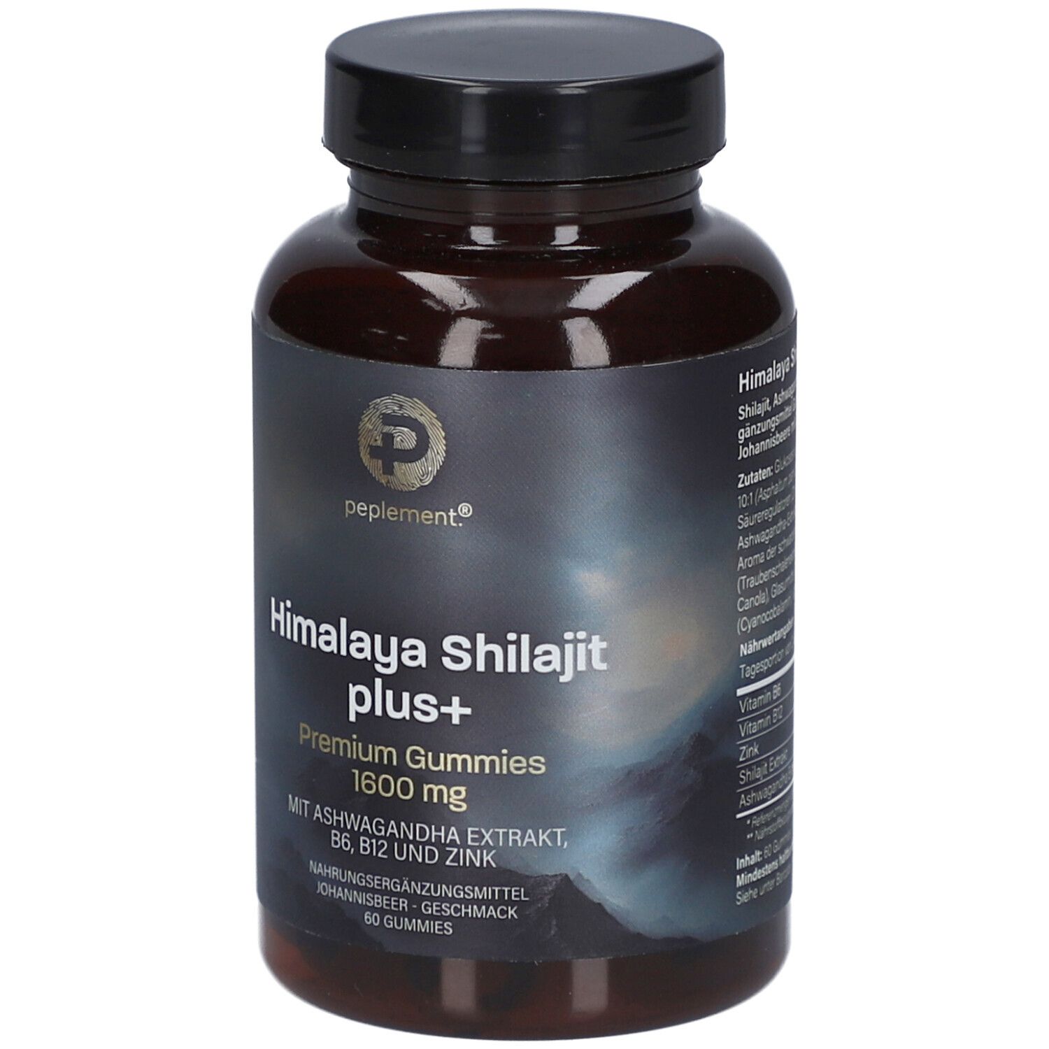 Braune Flasche mit schwarzem Deckel. Aufschrift: Himalaya Shilajit plus+ Gummies 1600 mg. Marke: peplement.