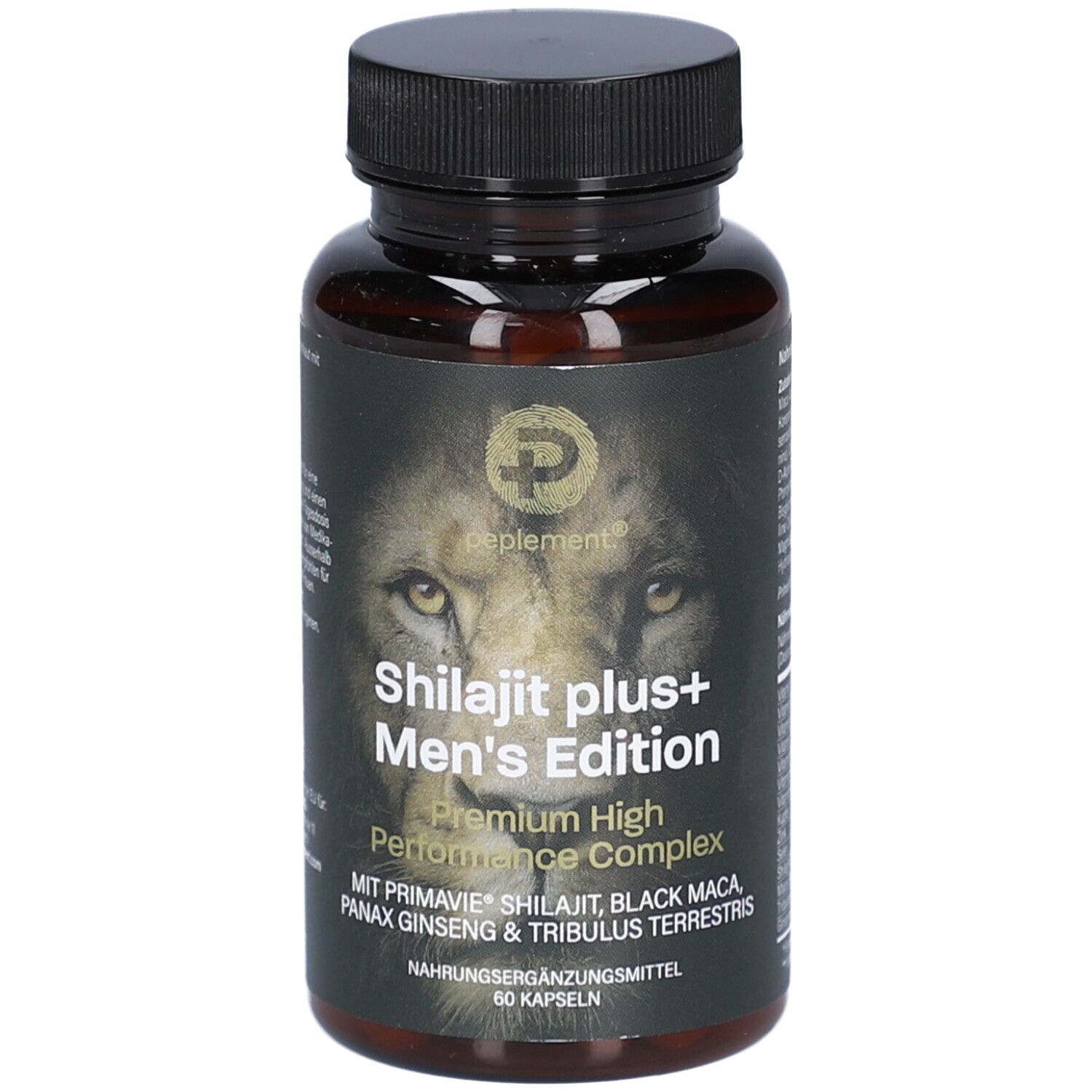 Braune Flasche mit schwarzen Deckel. Aufschrift: Shilajit plus+ Men's Edition. Premium High Performance Complex. 60 Kapseln.