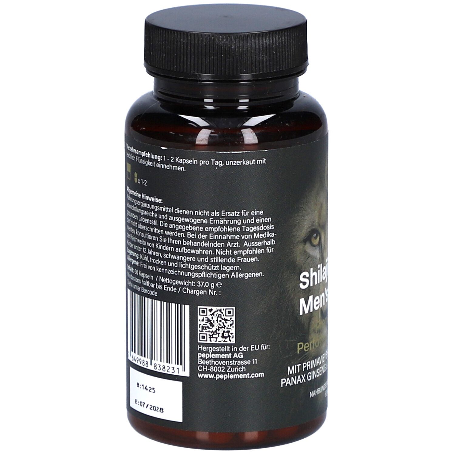 Rückseite der Flasche. Text: Verzehrempfehlung, Inhaltsstoffe, Herstellerinformationen. QR-Code und Chargennummer.