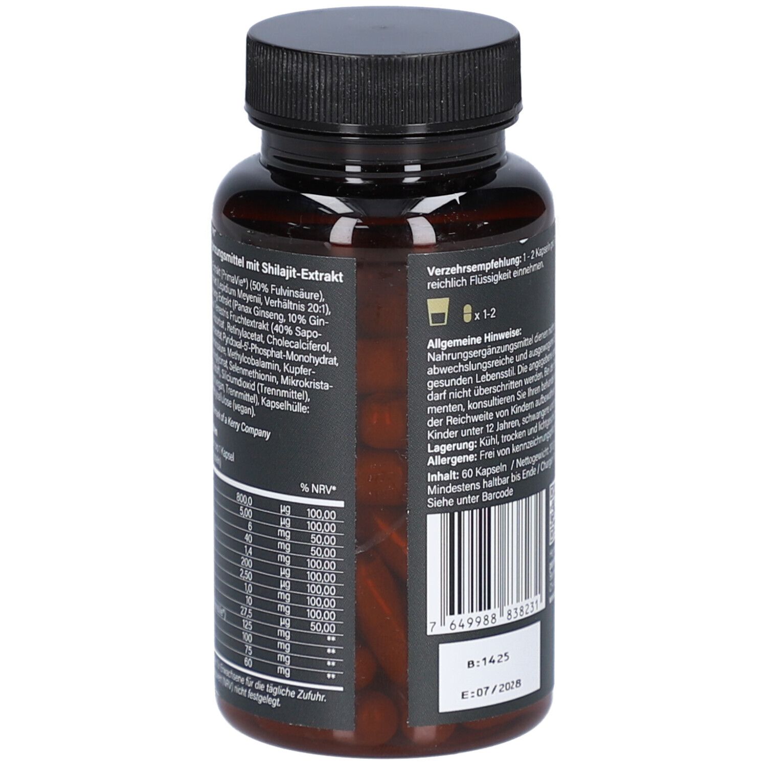 Rückseite der Flasche. Auflistung der Inhaltsstoffe und Nährwertangaben. Braune Kapseln sichtbar.