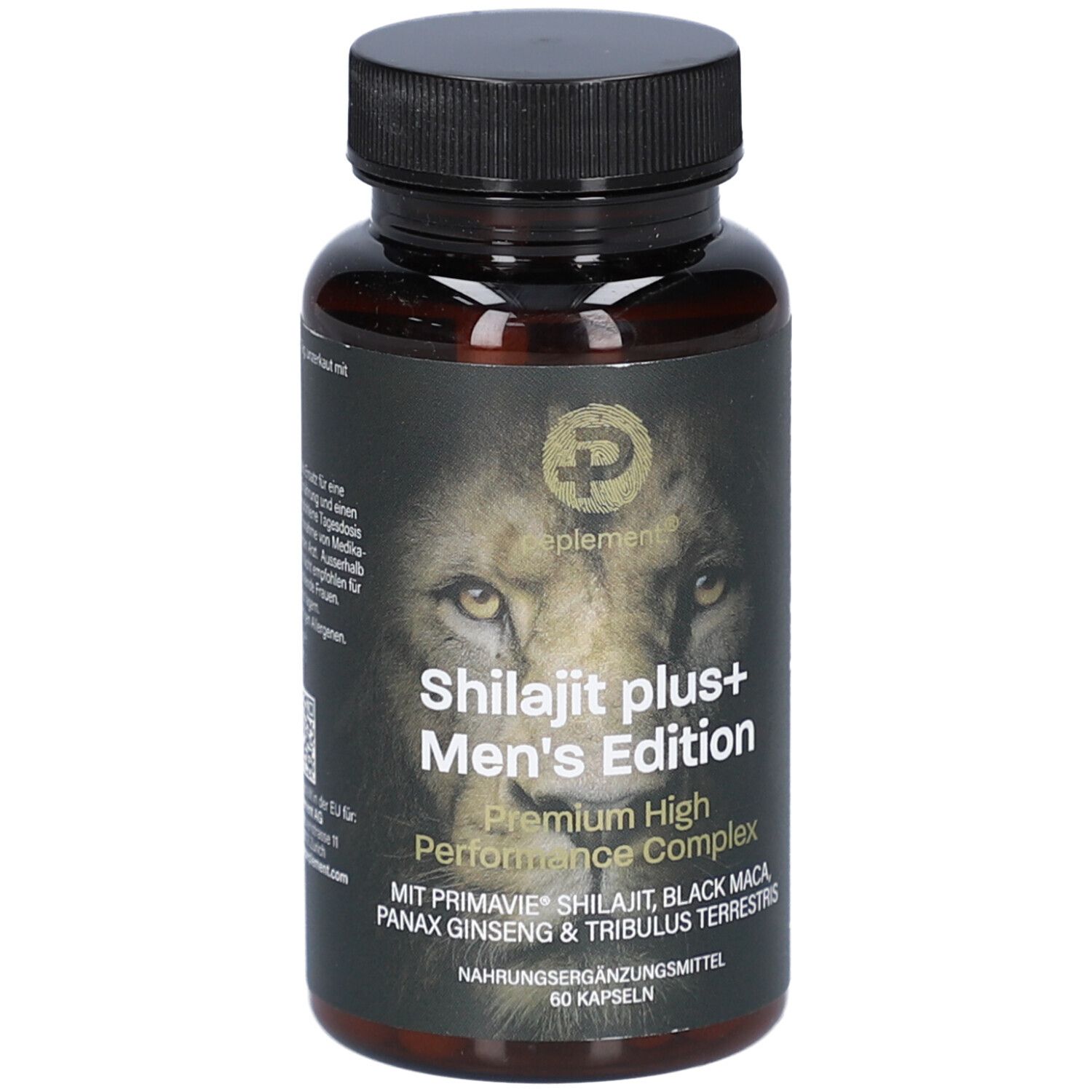 Braune Flasche mit schwarzem Deckel. Aufschrift: Shilajit plus+ Men's Edition. 60 Kapseln. Löwenkopf-Grafik.